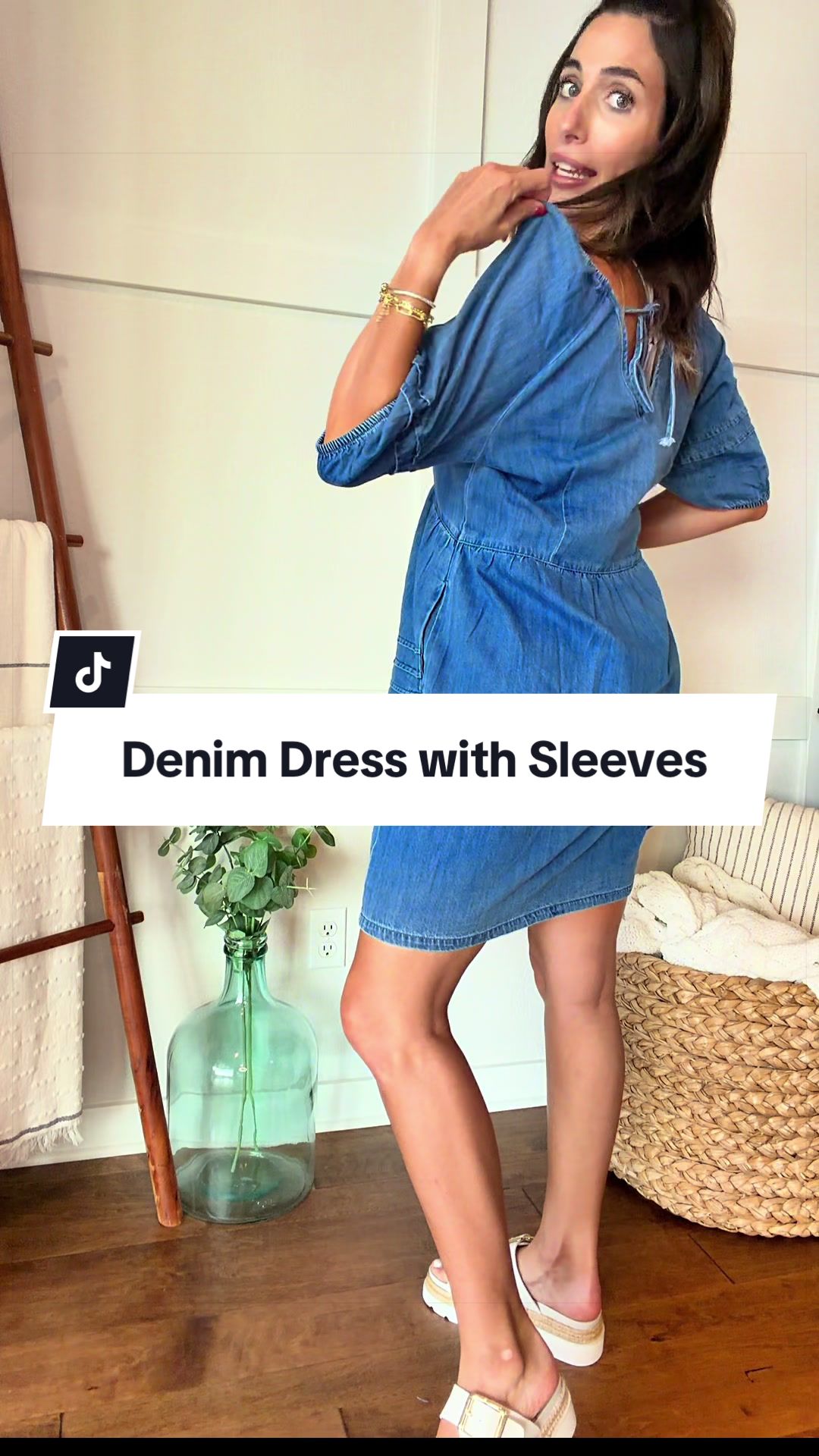 The perfect little denim dress with sleeves and the sweetest details!