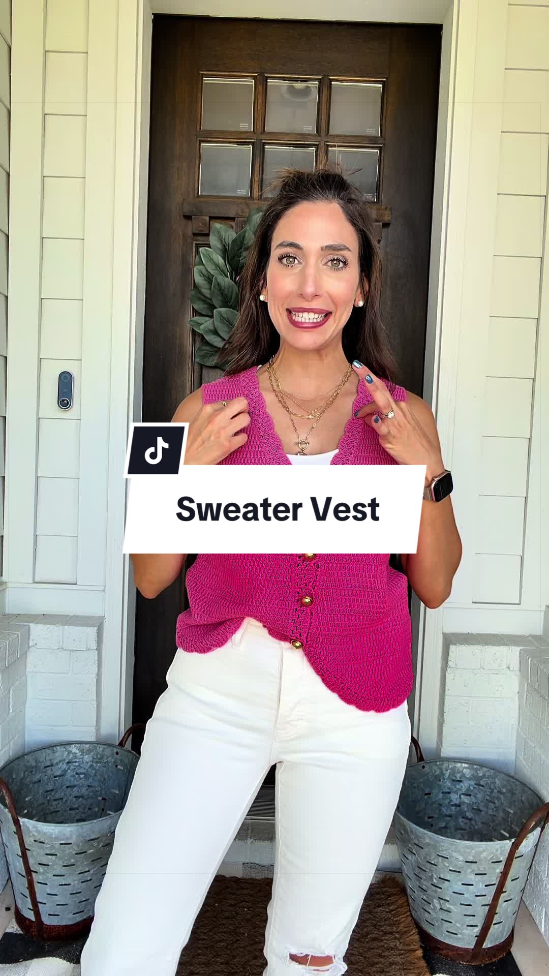 Summer sweater vest with gold buttons and scalloped details!