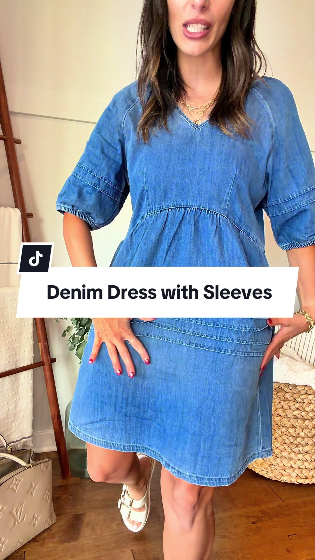 Modest denim dress with sleeves, pleated details, tie back, babydoll cut!