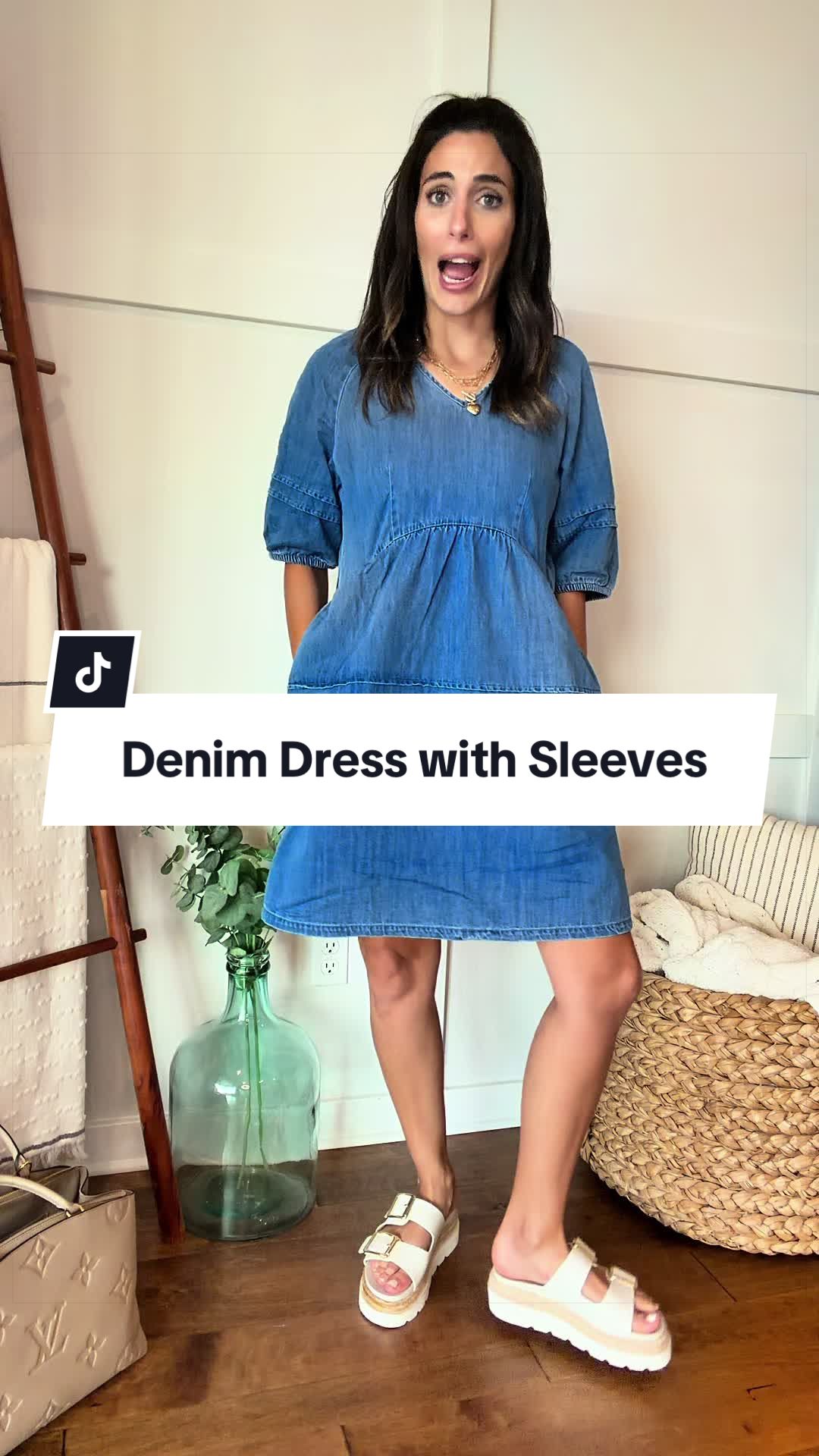 Modest denim dress with leaves and cute little details!
