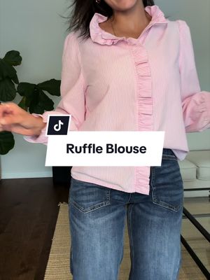 Striped Button Down Shirts Ruffle Puff Long Sleeve Blouse, Work Tops,Stand Collar,Trendy Casual,Loose Fit,Fall,Dressy Casual Blouse,Oversized,Ruffle Neck