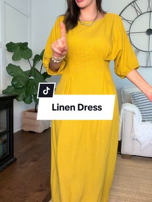 Linen Casual Dress - Round Neck, Lantern Half-Sleeves, Pockets, Loose Solid Fit, Early Fall
