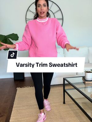 Varsity Trim Crewneck Sweatshirt - Oversized Drop Shoulder Longsleeves, Fleece Tunic with pocket
