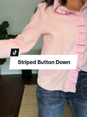 Striped Button Down Shirts Ruffle Puff Long Sleeve Blouse, Ruffle Neck