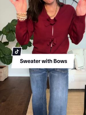 Bow Detail Knit Sweater - Longsleeves, V-Neck, Cropped, Loose-Fit, Cozy Lightweight Mixed Fabric Knitting Casual Top