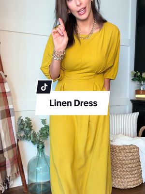 Linen Mix Casual Dress - Round-Neck, Lantern Half-Sleeves, Pockets, Loose